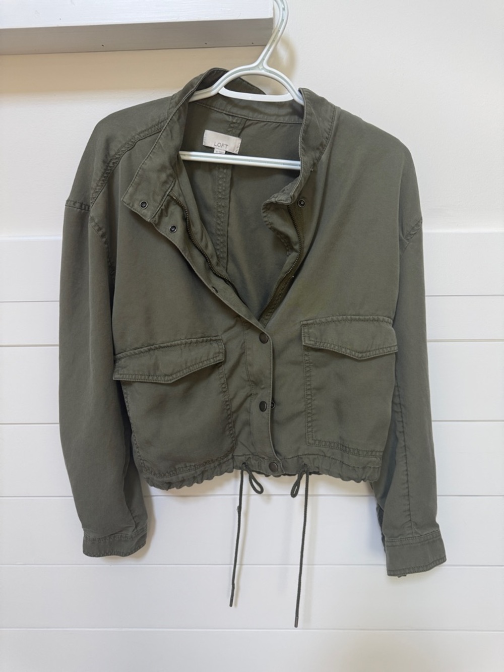 LOFT Olive Utility Cropped Drawstring Jacket